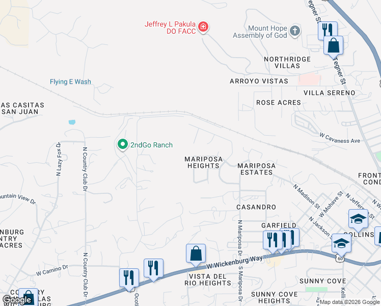 map of restaurants, bars, coffee shops, grocery stores, and more near 990 Santa Fe Circle in Wickenburg