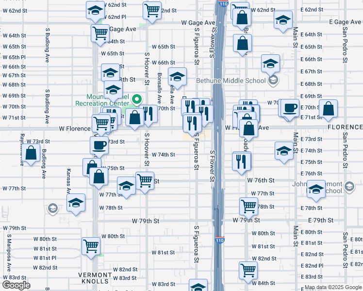 map of restaurants, bars, coffee shops, grocery stores, and more near 608 West 73rd Street in Los Angeles