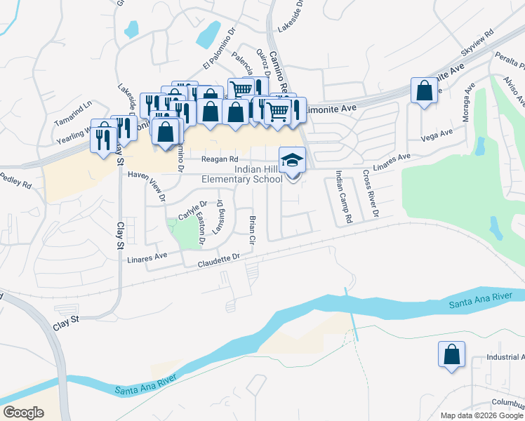 map of restaurants, bars, coffee shops, grocery stores, and more near 6335 Thunder Bay Trail in Riverside