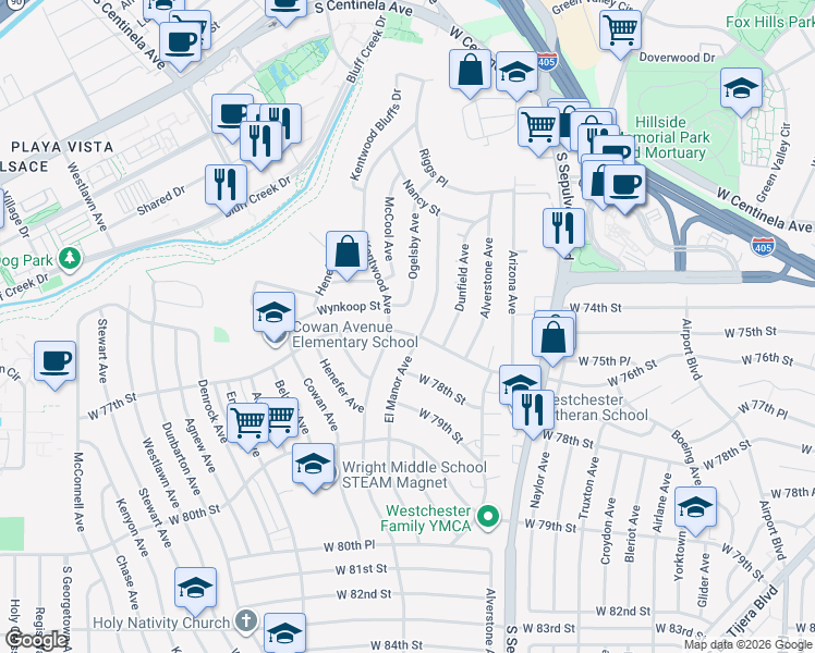map of restaurants, bars, coffee shops, grocery stores, and more near 6413 West 77th Street in Los Angeles