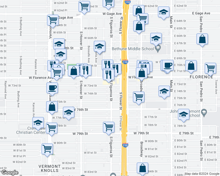 map of restaurants, bars, coffee shops, grocery stores, and more near 7307 South Figueroa Street in Los Angeles