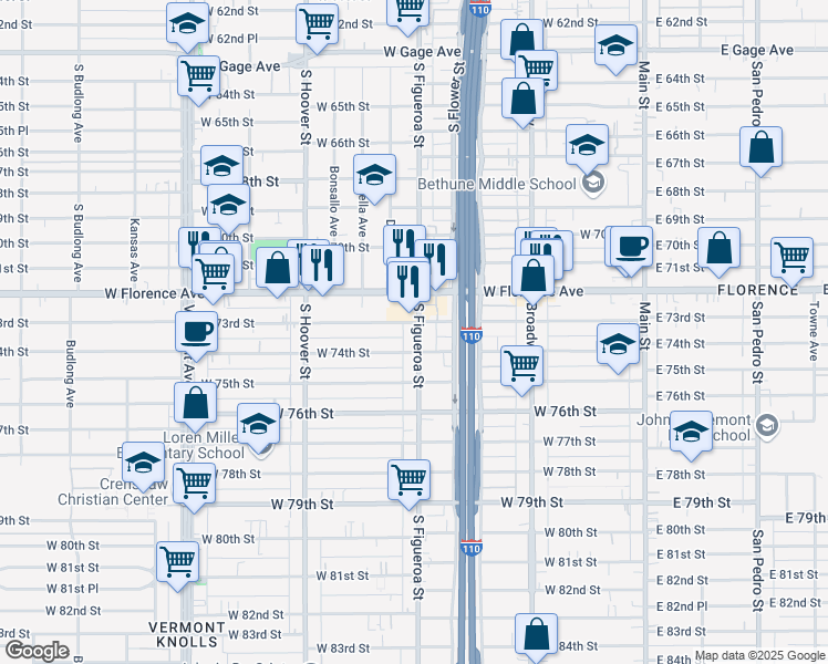 map of restaurants, bars, coffee shops, grocery stores, and more near 7307 South Figueroa Street in Los Angeles