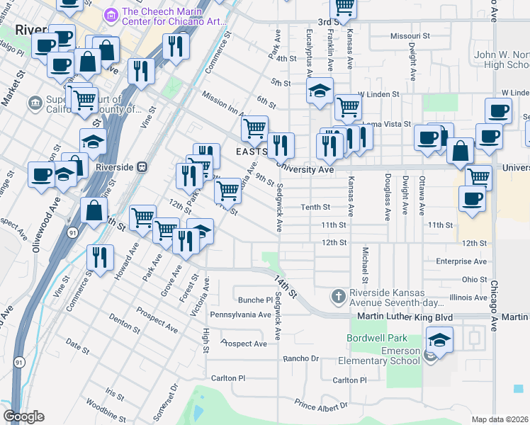 map of restaurants, bars, coffee shops, grocery stores, and more near 2558 Tenth Street in Riverside