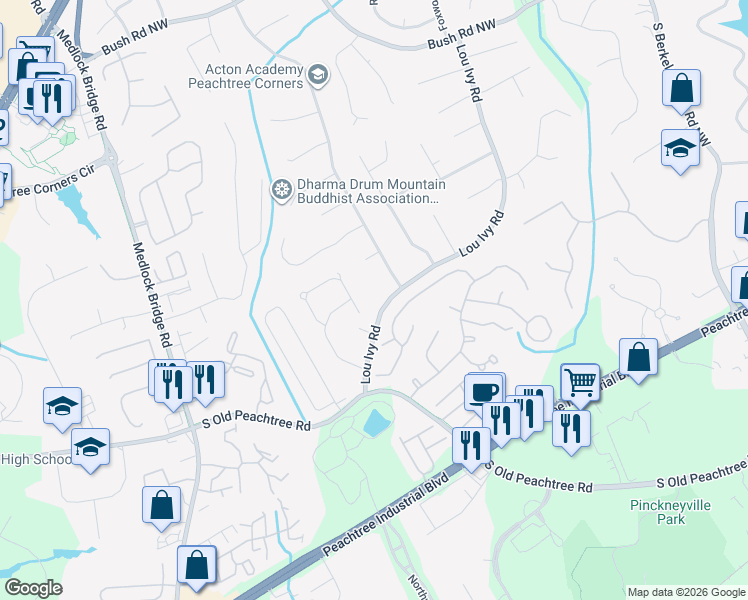 map of restaurants, bars, coffee shops, grocery stores, and more near 4891 Lou Ivy Road in Duluth