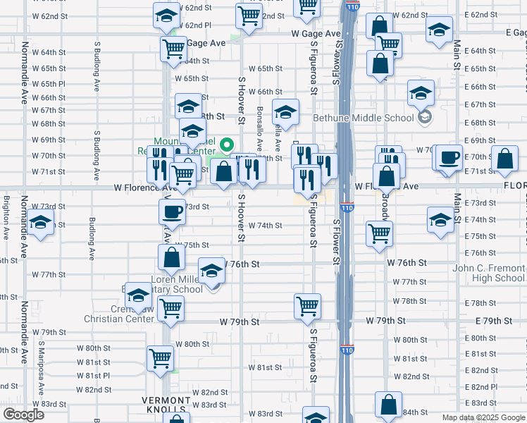 map of restaurants, bars, coffee shops, grocery stores, and more near 703 1/2 West 73rd Street in Los Angeles