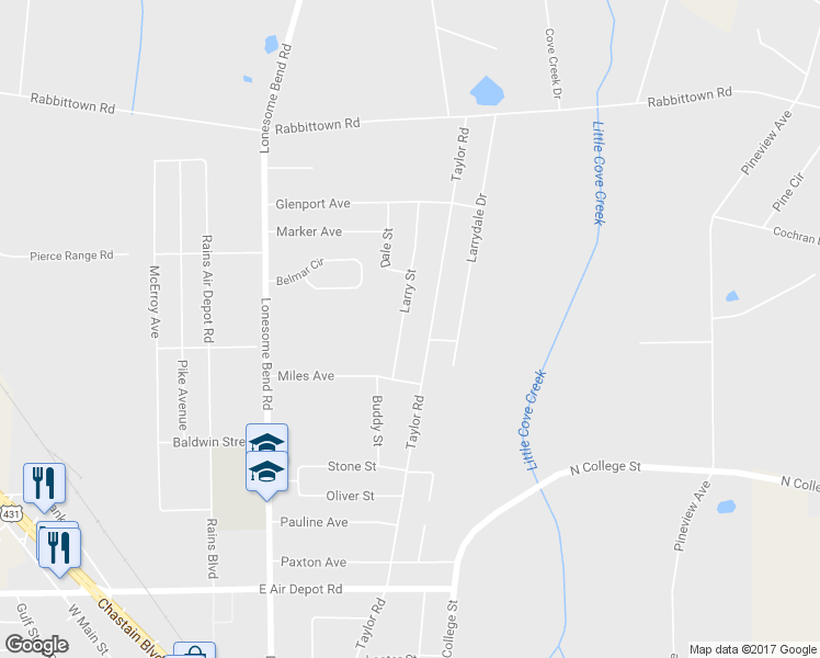 map of restaurants, bars, coffee shops, grocery stores, and more near 1114 Larry Street in Gadsden