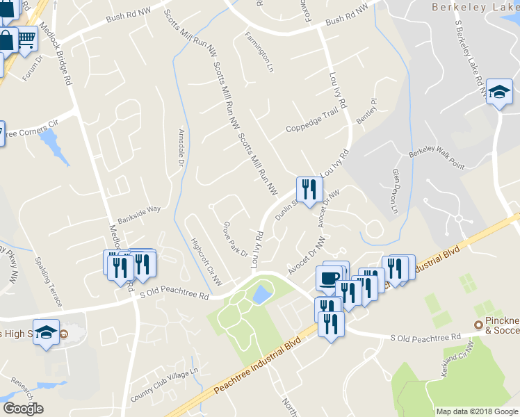 map of restaurants, bars, coffee shops, grocery stores, and more near 4897 Lou Ivy Road in Duluth