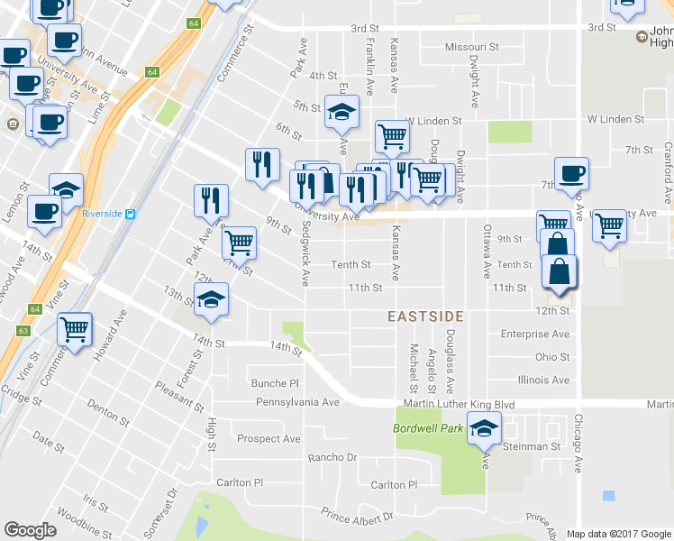 map of restaurants, bars, coffee shops, grocery stores, and more near 2314 Tenth Street in Riverside