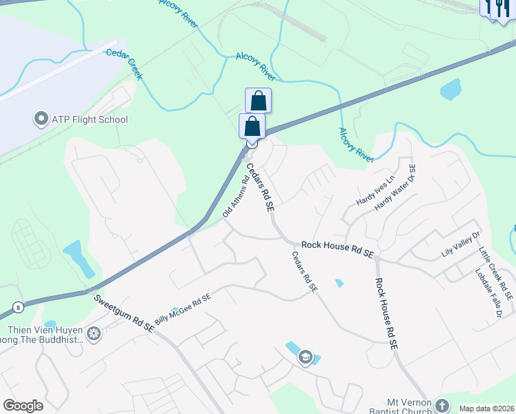 map of restaurants, bars, coffee shops, grocery stores, and more near 1520 Cedars Road in Lawrenceville