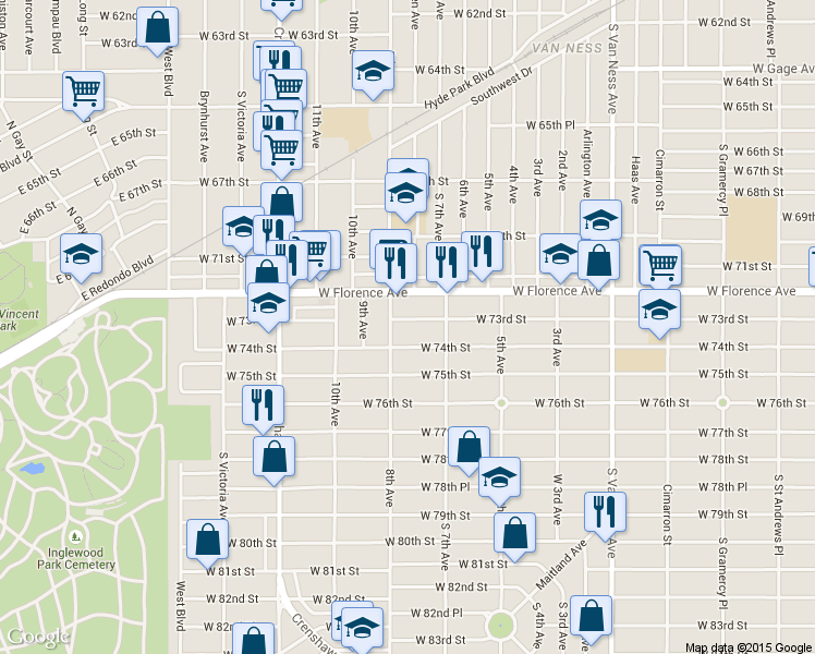 map of restaurants, bars, coffee shops, grocery stores, and more near 3012 West 73rd Street in Los Angeles