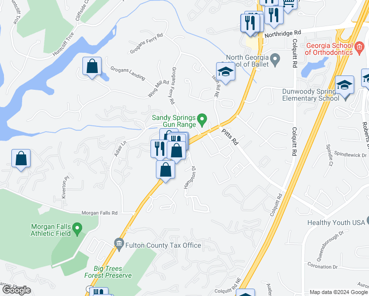 map of restaurants, bars, coffee shops, grocery stores, and more near 7901 Roswell Road Northeast in Sandy Springs