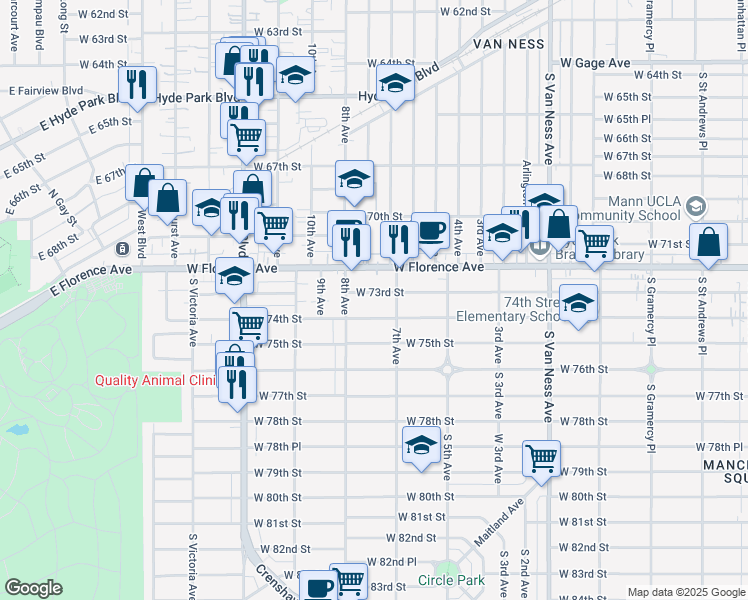 map of restaurants, bars, coffee shops, grocery stores, and more near 2926 West 73rd Street in Los Angeles