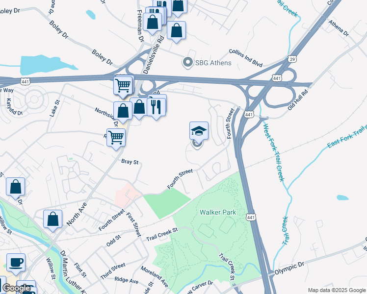 map of restaurants, bars, coffee shops, grocery stores, and more near 715 Fourth Street in Athens