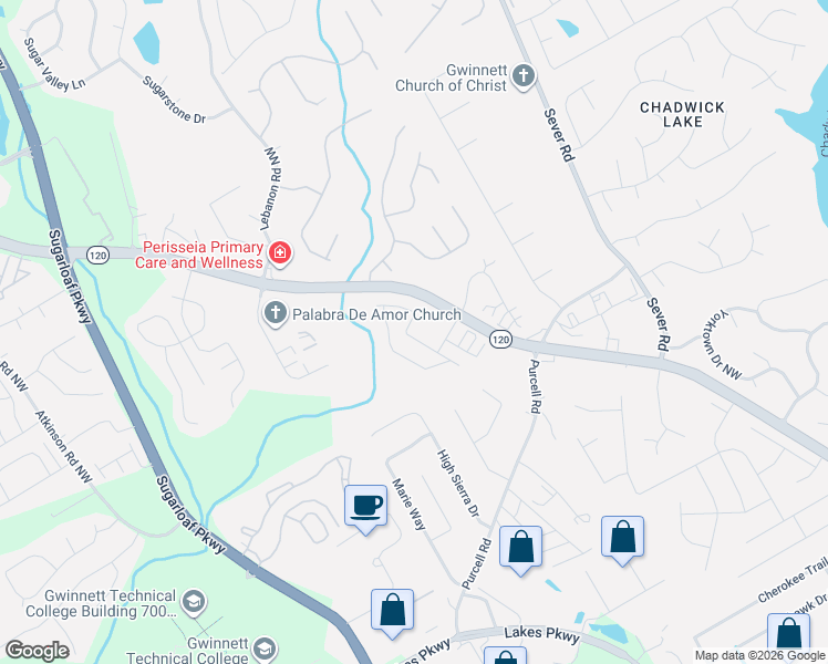 map of restaurants, bars, coffee shops, grocery stores, and more near 1555 Creek Bend Lane Northwest in Lawrenceville