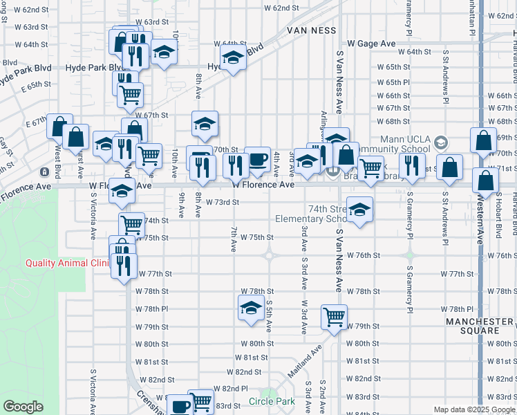 map of restaurants, bars, coffee shops, grocery stores, and more near 2616 West 73rd Street in Los Angeles