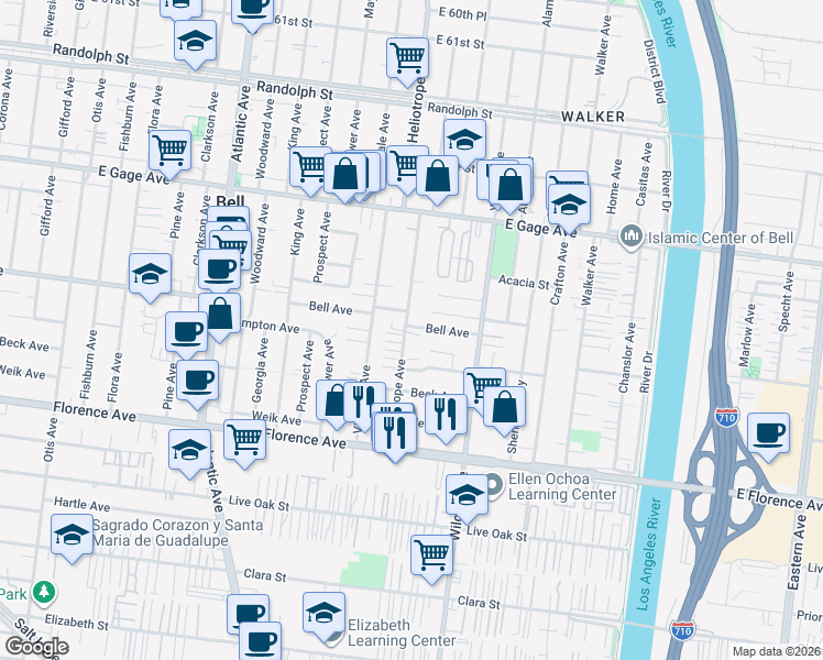 map of restaurants, bars, coffee shops, grocery stores, and more near in Bell Gardens
