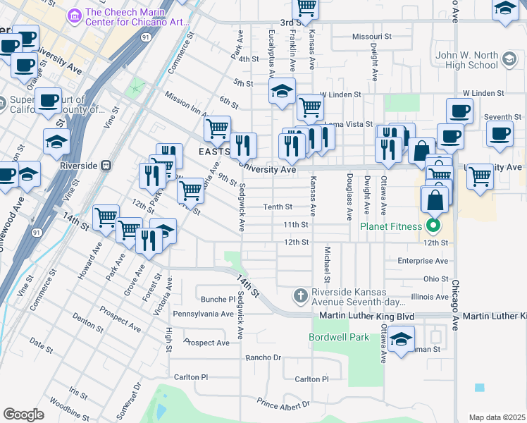 map of restaurants, bars, coffee shops, grocery stores, and more near 2314 Tenth Street in Riverside