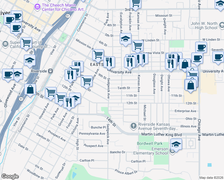 map of restaurants, bars, coffee shops, grocery stores, and more near 2394 Tenth Street in Riverside