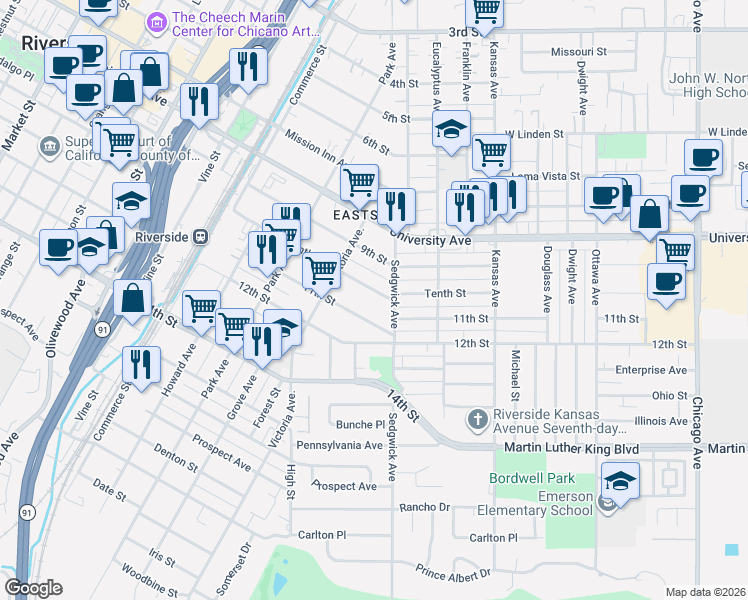 map of restaurants, bars, coffee shops, grocery stores, and more near 2558 Tenth Street in Riverside