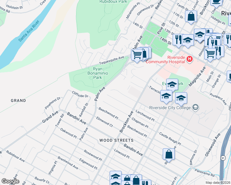 map of restaurants, bars, coffee shops, grocery stores, and more near 4351 Ramona Drive in Riverside