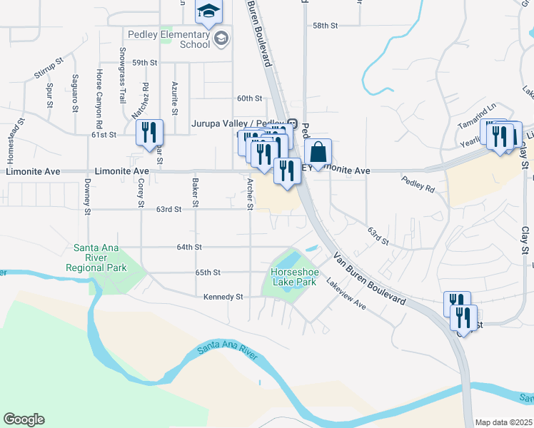 map of restaurants, bars, coffee shops, grocery stores, and more near 8895 63rd Street in Riverside