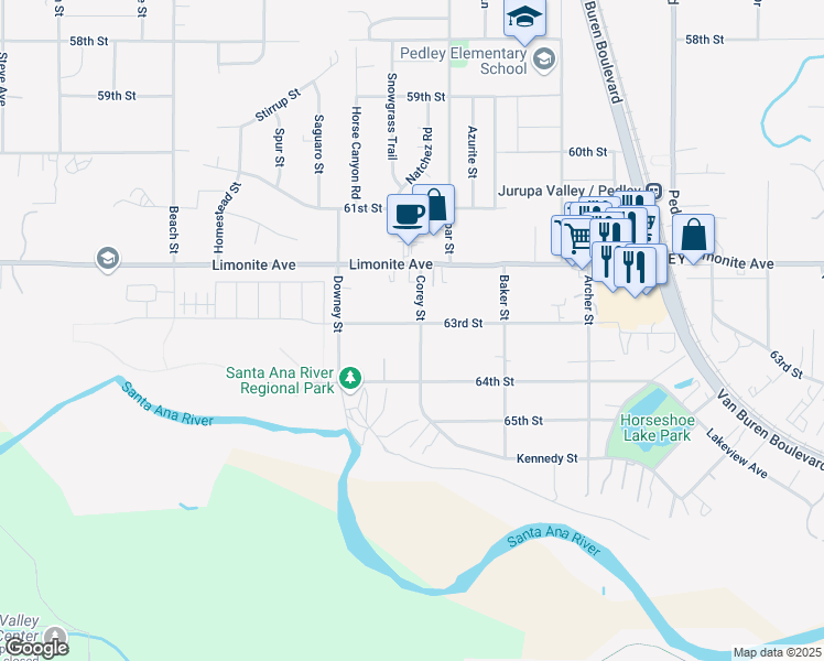 map of restaurants, bars, coffee shops, grocery stores, and more near 9266 63rd Street in Riverside