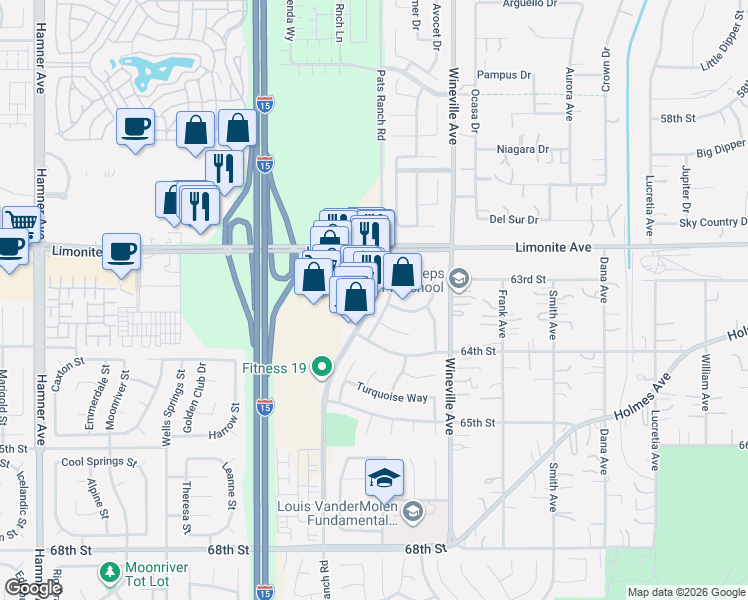 map of restaurants, bars, coffee shops, grocery stores, and more near 6291 Ruby Crest Way in Jurupa Valley