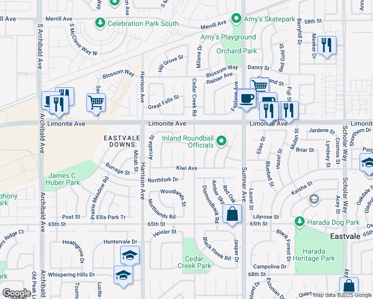 map of restaurants, bars, coffee shops, grocery stores, and more near 13637 Nectarine Avenue in Corona
