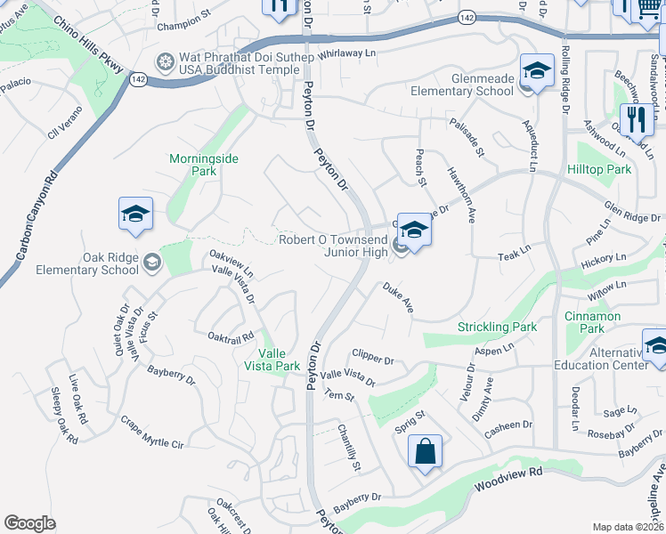 map of restaurants, bars, coffee shops, grocery stores, and more near 3318 Gabriel Drive in Chino Hills