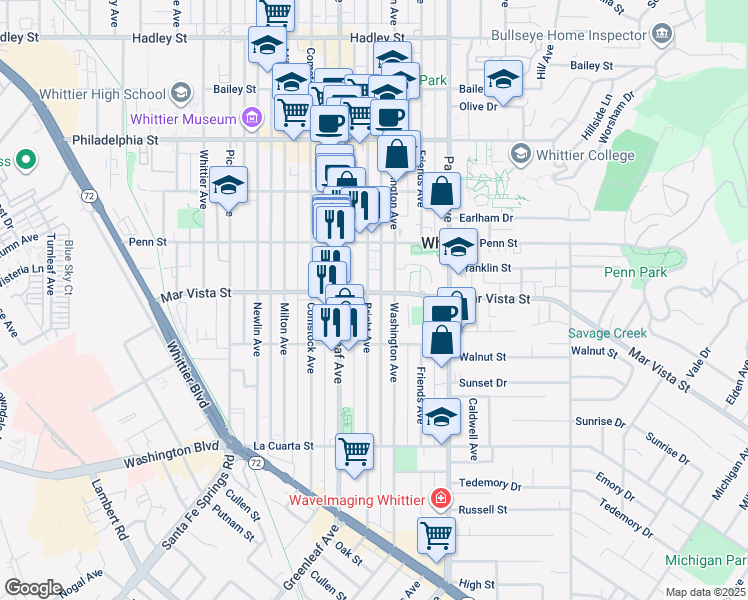 map of restaurants, bars, coffee shops, grocery stores, and more near 7607 Bright Avenue in Whittier