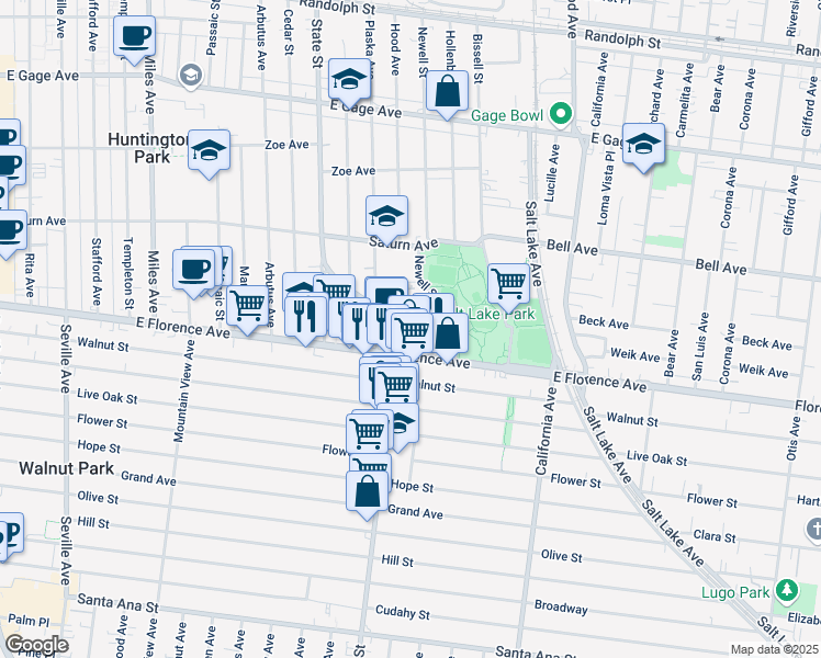 map of restaurants, bars, coffee shops, grocery stores, and more near 7112 Hood Avenue in Huntington Park
