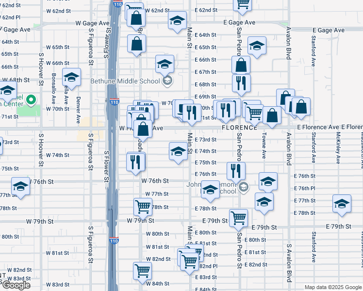 map of restaurants, bars, coffee shops, grocery stores, and more near 126 West 73rd Street in Los Angeles