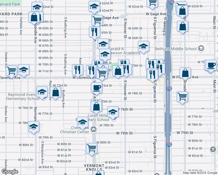 map of restaurants, bars, coffee shops, grocery stores, and more near 920 West 73rd Street in Los Angeles
