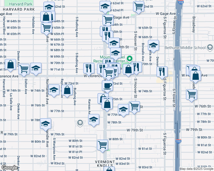 map of restaurants, bars, coffee shops, grocery stores, and more near 7300 Vermont Avenue in Los Angeles