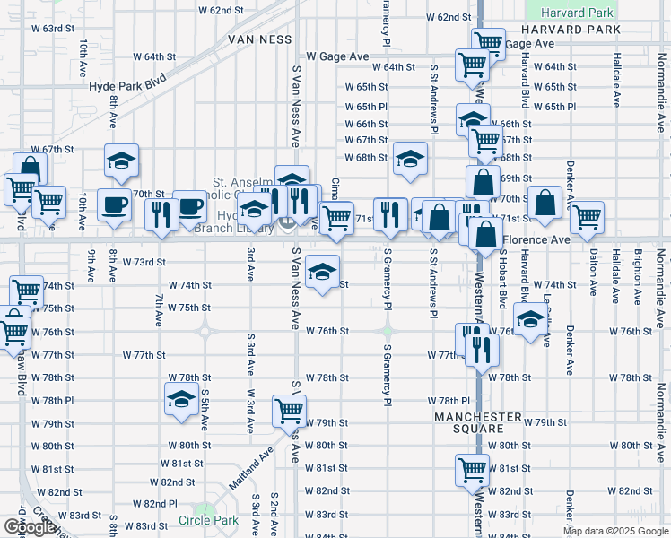 map of restaurants, bars, coffee shops, grocery stores, and more near 2058 West 73rd Street in Los Angeles
