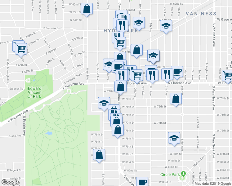 map of restaurants, bars, coffee shops, grocery stores, and more near 3430 West 73rd Street in Los Angeles