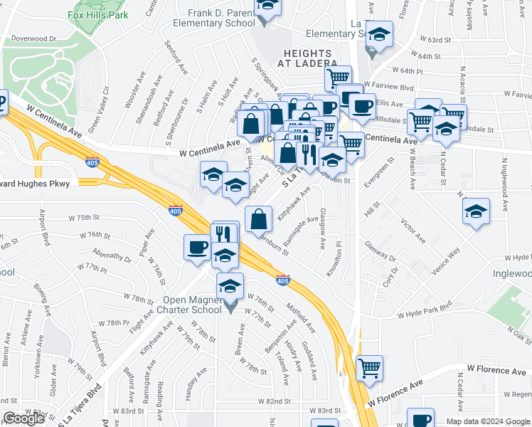map of restaurants, bars, coffee shops, grocery stores, and more near 7110 La Tijera Boulevard in Los Angeles