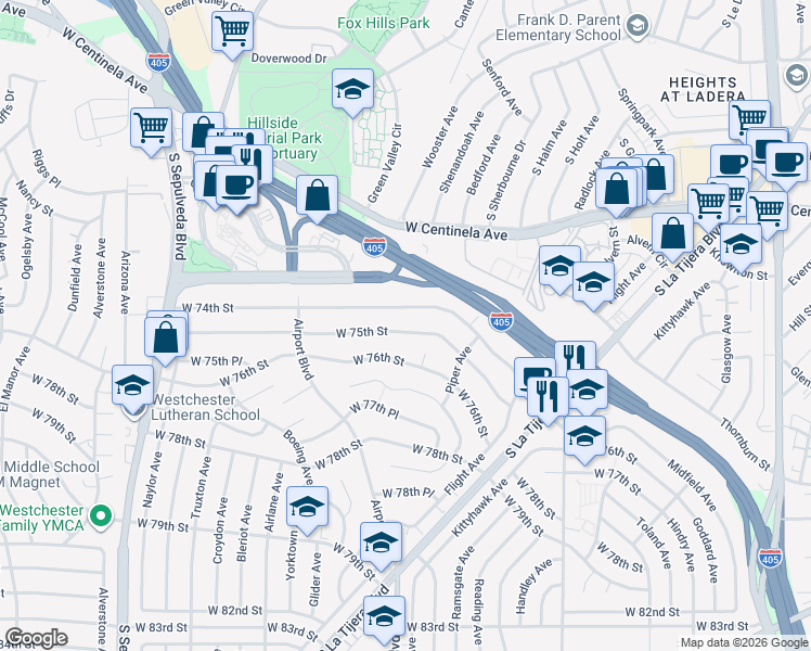 map of restaurants, bars, coffee shops, grocery stores, and more near 5857 West 75th Street in Los Angeles