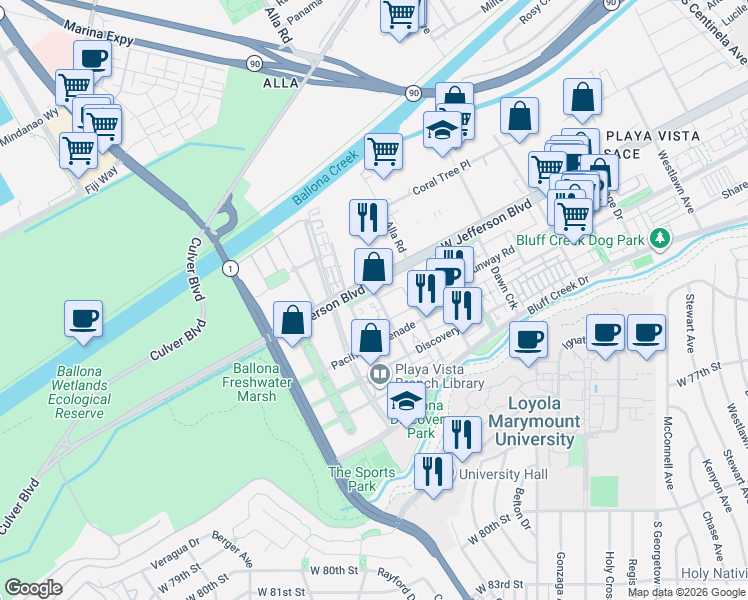 map of restaurants, bars, coffee shops, grocery stores, and more near West Villosa Place in Los Angeles