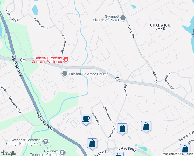 map of restaurants, bars, coffee shops, grocery stores, and more near 1555 Creek Bend Lane Northwest in Lawrenceville