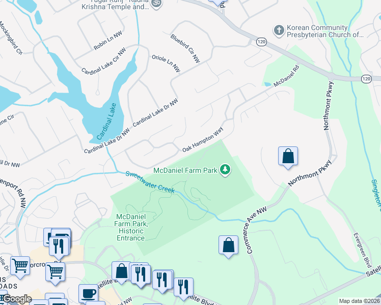 map of restaurants, bars, coffee shops, grocery stores, and more near 3100 Oak Hampton Way in Duluth
