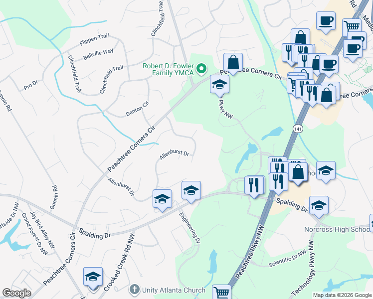 map of restaurants, bars, coffee shops, grocery stores, and more near 3794 High Shoals Drive in Norcross