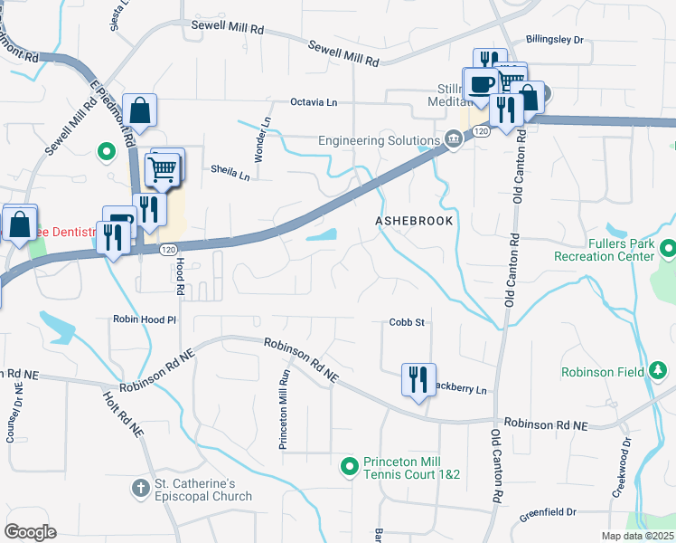 map of restaurants, bars, coffee shops, grocery stores, and more near 971 Ashebrooke Court Northeast in Marietta