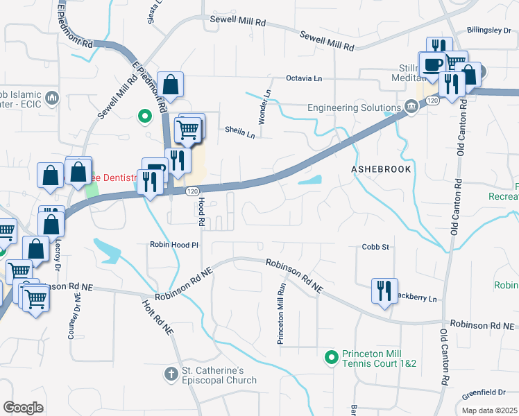 map of restaurants, bars, coffee shops, grocery stores, and more near 979 Bridgegate Drive Northeast in Marietta