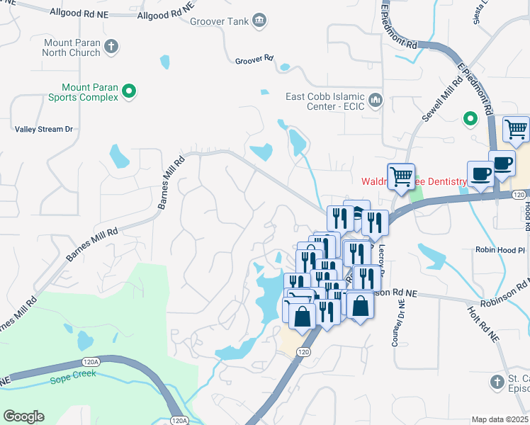 map of restaurants, bars, coffee shops, grocery stores, and more near 2022 Ramblewood Court Northeast in Marietta