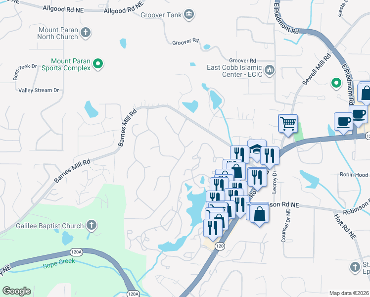 map of restaurants, bars, coffee shops, grocery stores, and more near 2330 Sunny Day Drive in Marietta
