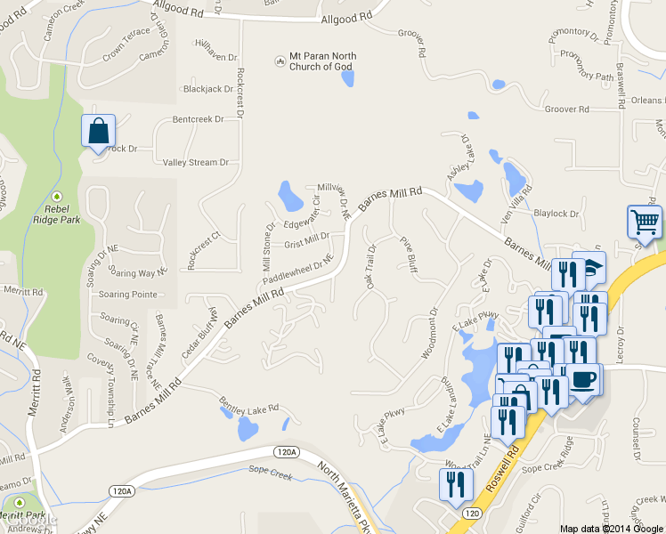 map of restaurants, bars, coffee shops, grocery stores, and more near 1695 Paddlewheel Drive Northeast in Marietta