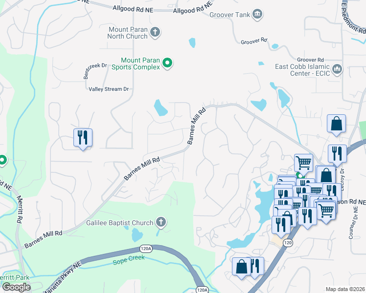 map of restaurants, bars, coffee shops, grocery stores, and more near 1716 Paddlewheel Drive Northeast in Marietta