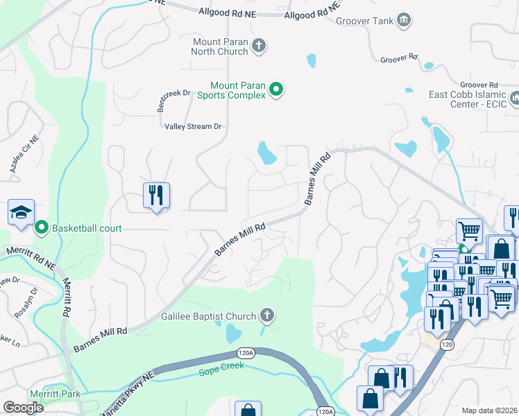 map of restaurants, bars, coffee shops, grocery stores, and more near 1663 Paddlewheel Drive Northeast in Marietta
