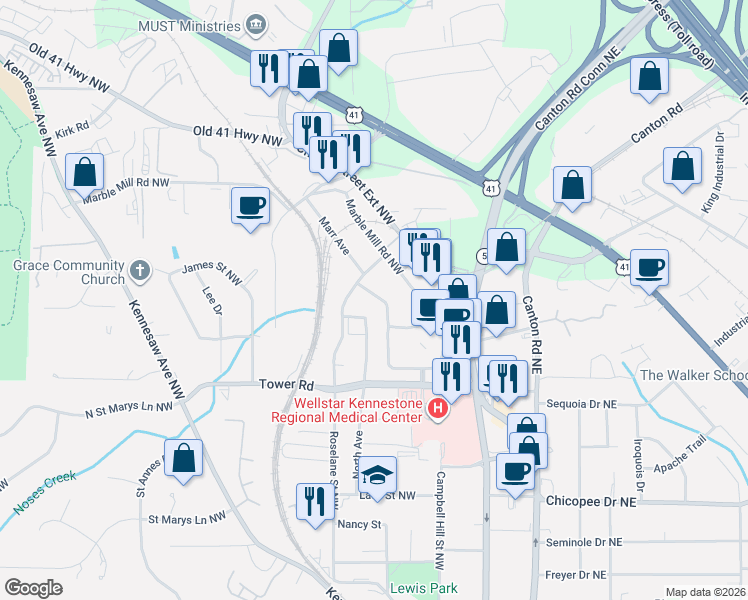 map of restaurants, bars, coffee shops, grocery stores, and more near 271 White Street in Marietta